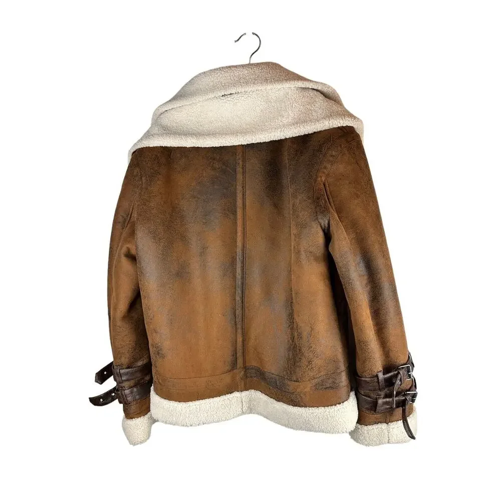 Zara Faux Leather Sherpa Lined Aviator Style Contrast Double Collar Jacket Large - Picture 7 of 13